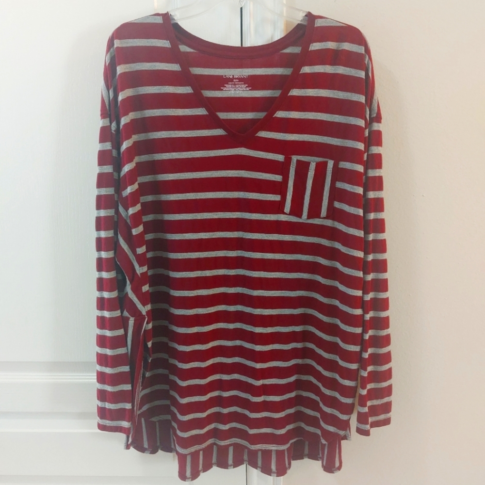 Lane Bryant Gray and Red/Burgundy Striped Shirt Women's 22/24 Soft Blouse Tee